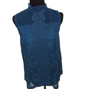 Cable & Gauge Womens Blouse High Neck Layered Sleeveless Lace Top Blue Small